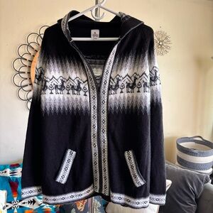 100% Alpaca Fair Isle Zip Front Hoodie Sweater Black White Gray Size M